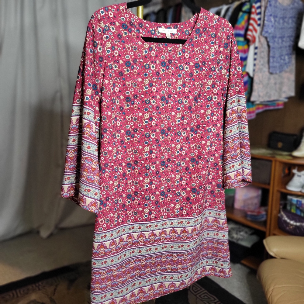 Skies Are Blue Dress, Red Floral Long Sleeve Dress, Size XS, Boho Mini Dress